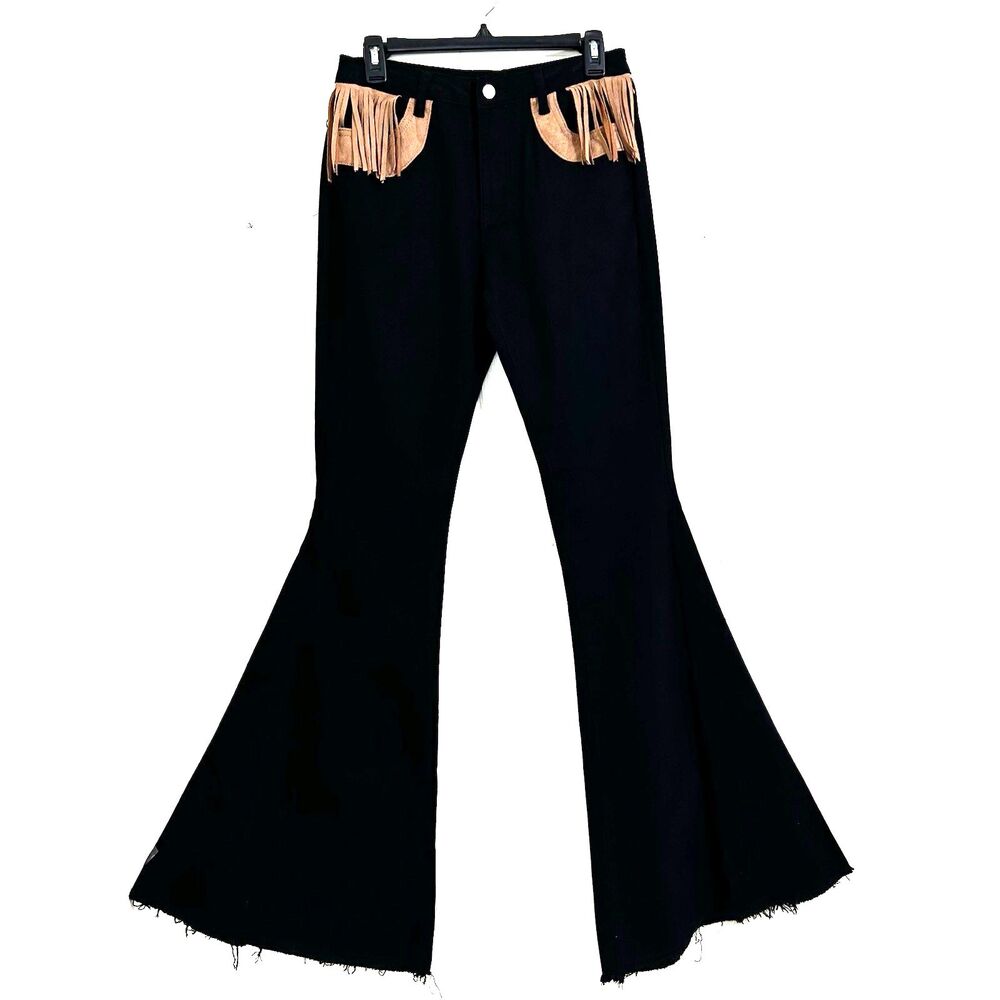 Saints & Hearts Women Black Flare Jeans Size Large High Rise Fringe Denim Jeans.